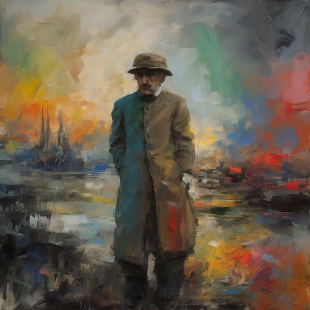 Γυναίκα σε καταστροφική πόλη με πυρκαγιά και καπνό, ζωγραφική τέχνη, σύγχρονη καλλιτεχνική δημιουργία, πάνω από το ιστορικό περιβάλλον.