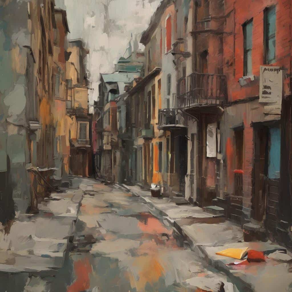 Γραφική εικόνα αστικής γειτονιάς σε καμβά, εξερεύνηση ορίων της τέχνης με εικαστικές πινελιές.