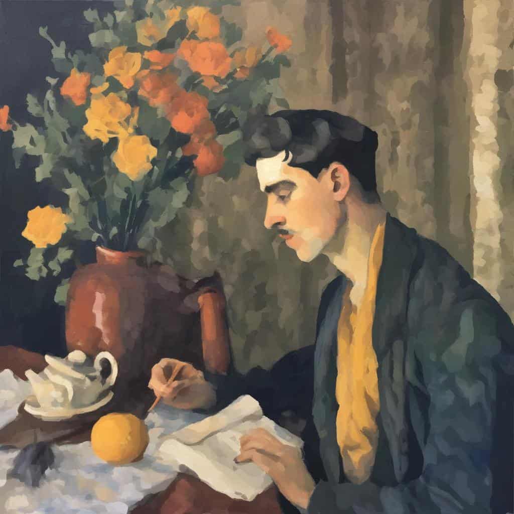 Ανθρώπινος άνδρας ζωγραφική σε μινιμαλιστικό στυλ με λουλούδια και βιβλίο σε εσωτερικό χώρο, εξερευνώντας τα όρια της τέχνης.