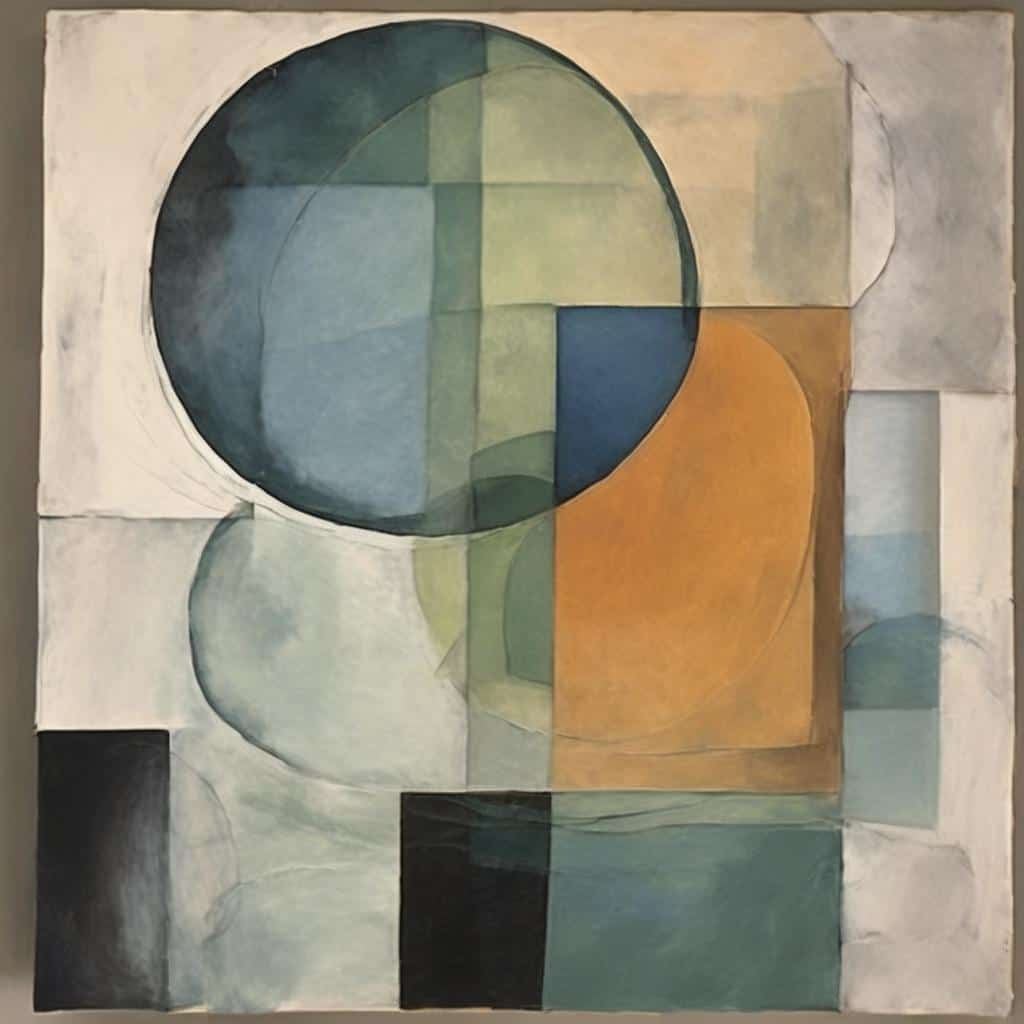 Γραφείο, αφηρημένος πίνακας με γεωμετρικά σχήματα και απαλούς τόνους, εξερεύνηση ορίων τέχνης και σύγχρονη εικαστική δημιουργία.