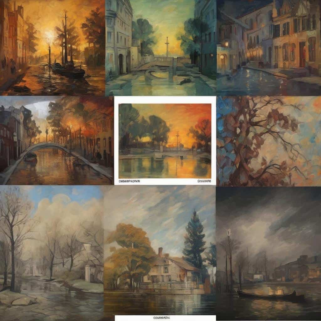Όμορφα τοπία και αστικά εδάφια σε εντυπωσιακά έργα τέχνης, εξερευνώντας τα όρια της τέχνης με ζωγραφική και ρεαλισμό.