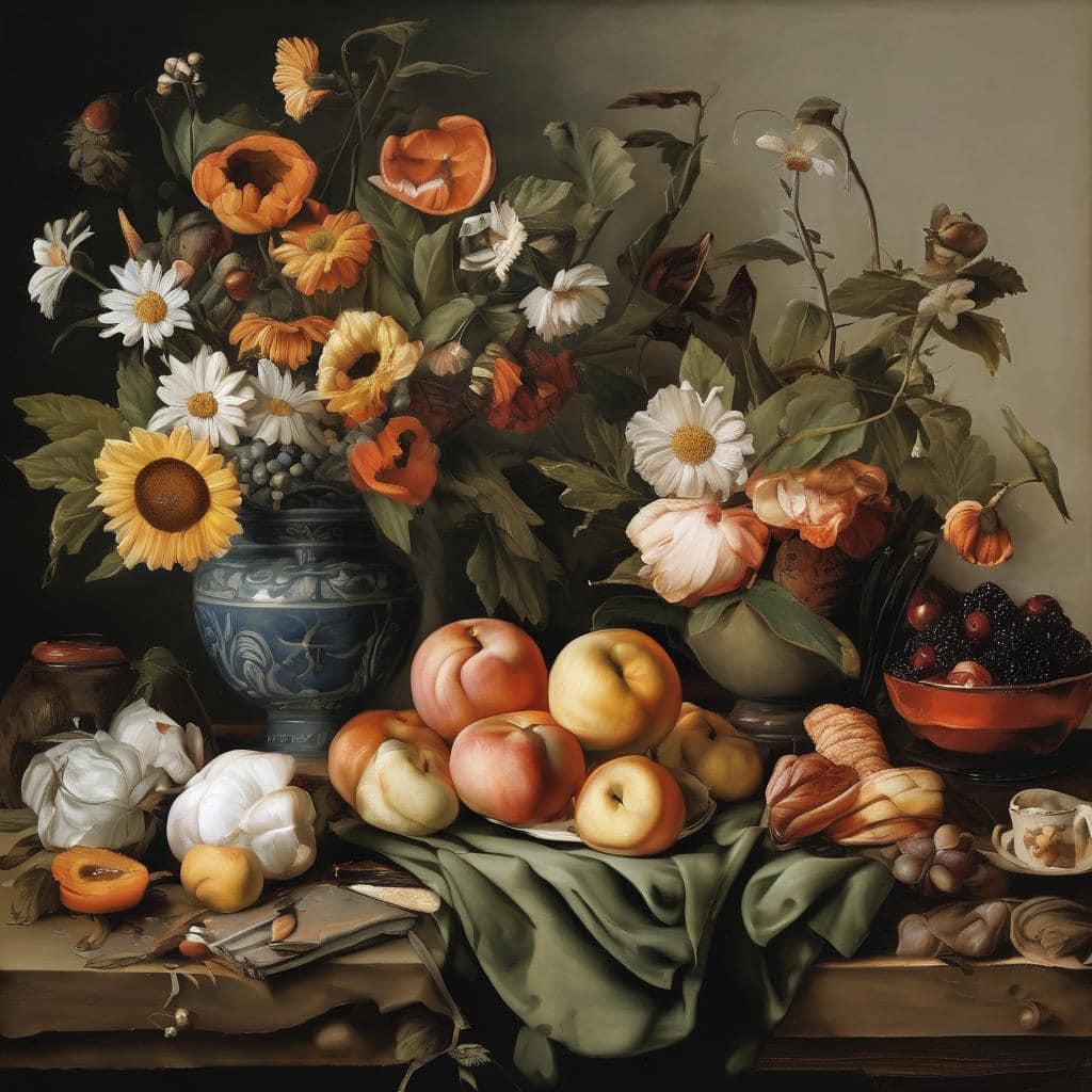 Λουλούδια και φρούτα σε καλλιτεχνική σύνθεση, εξερεύνηση ορίων στην τέχνη και δημιουργικότητας.
