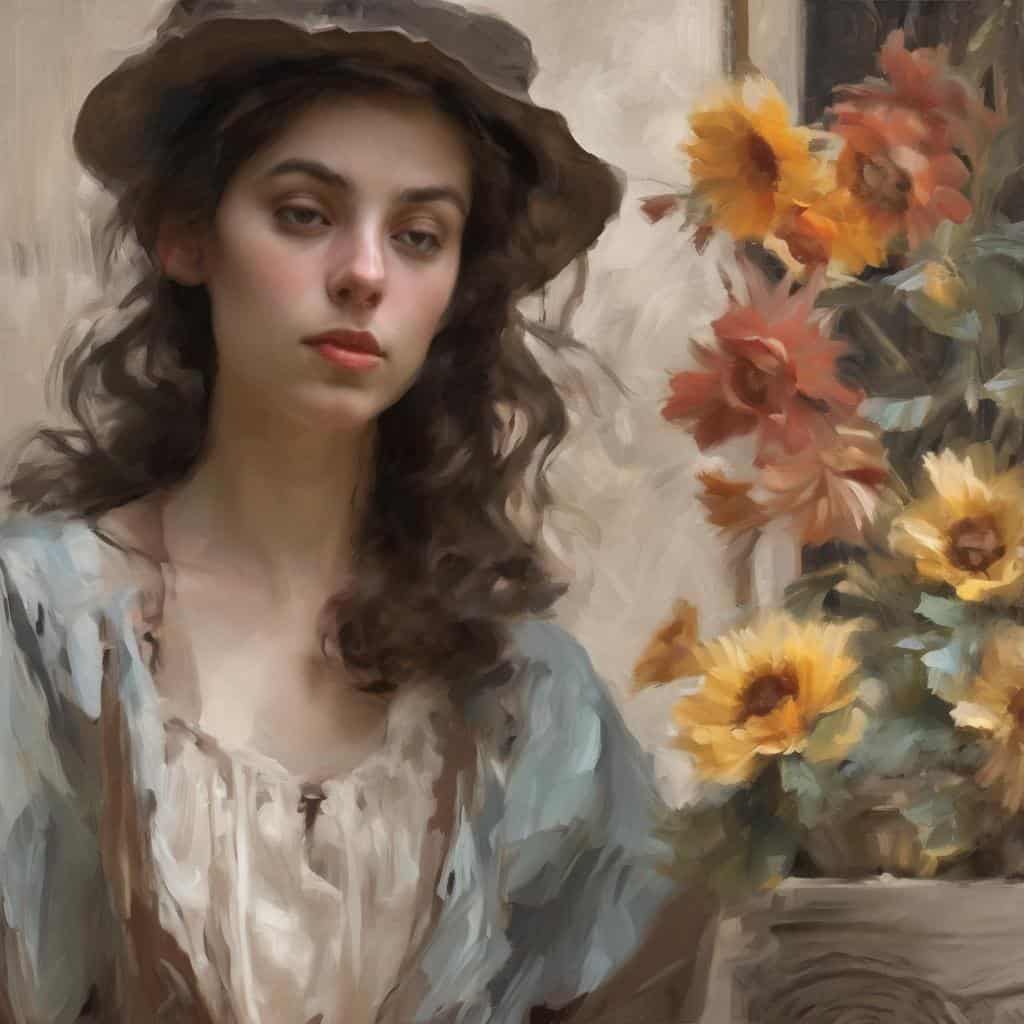 Ανθρώπινη γυναίκα πορτρέτο με καπέλο και λουλούδια, ζωγραφική τέχνη, δημιουργικές εικόνες, εξερεύνηση ορίων τέχνης.